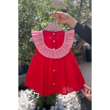 Çizgili Fırfırlı Kız Çocuk Bebek Kırmızı Kolsuz Pamuk Elbise 001