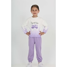 Toontoy Kids Toontoy Kız Çocuk 2'li Takım Baskılı Bisiklet Yaka Sweatshirt & Beli Paçası Lastikli Cepli Jogger Eşofman Altı - Renk Bloklu & 2 İplik Lila