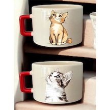 Sevimli Kedi Görseli Baskılı 2'li Kahve Fincanı Seramik Kupa - Seramik Çay, Kahve Hediyelik Beyaz