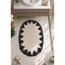 Vizon İşlemeli Kaymaz Deri Tabanlı Oval Banyo Paspası Güpürlü Yıkanabilir Banyo Takımı Piera Beyaz