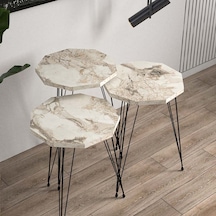 Egemodüler Çokgen Beyaz Mermer Desenli Siyah Metal Ayaklı Sehpa 3'lü