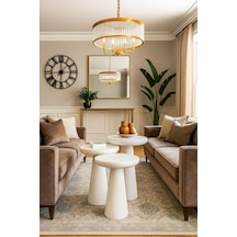 Wood Ahşap Beyaz 3 Lü Set Mantar Yan Sehpa Fiskos / Wooden Coffee Table / Zigon Sehpa Beyaz