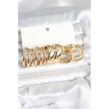 Pirinç Gold Renk 3 Çift Vintage Kadın Küpe Seti - Çok Renkli