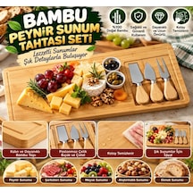 Bambu Peynir Sunum Tahtası Seti Peynir Bıçağı Çatalı Dahil Şarküteri Kahvaltı Servis Tabağı Açık Kahverengi
