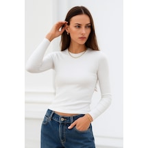 Wild Bee Kadın Beyaz Bisiklet Yaka Uzun Kollu Basic Bluz