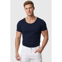 Rizzup Erkek Lacivert Slim Fit %90 Pamuk Açık Yaka Oval Kesim Likralı Basic Tişört 1801199