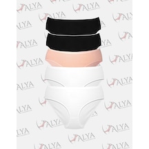 Alya Underwear Kadın Pamuklu Hipster - Slip Külot 5 Farklı Renk 1 Pakette Beyaz-siyah-ten P01