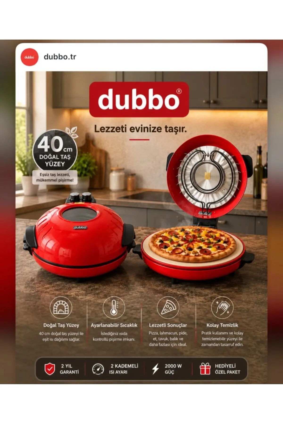 Dubbo Camlı Büyük Boy Pizzamatik Fırın 40 Cm Granit Taban Kırmızı