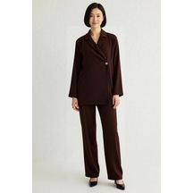 Benerly Kadın Büyük Beden Kruvaze Blazer Pantolon Takımı Relaxed Kesim Uz Kahverengi