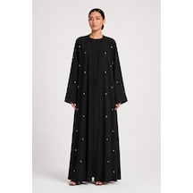 Nazzain İnci Ve Taş İşlemeli Abaya Siyah Çok Renkli
