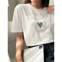 Tarzsokak Kadın Beyaz Çift Heart Baskılı Oversize T-shirt Beyaz