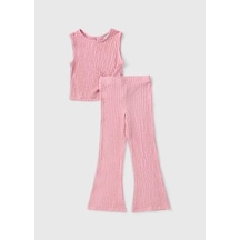 Kız Çocuk Pembe Kolsuz Bluz İspanyol Paça Pantolon Bürümcük Kumaş Takım, Kız Çocuk Takım Pembe