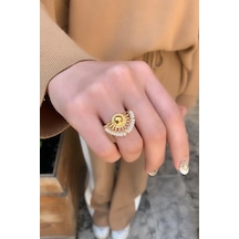 14 Ayar Altın İncili Yelpaze Model Yüzük Sarı Altın