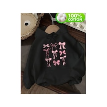 Herkesemoda Kurdeleler Baskı Detaylı İçi Polarlı Kapüşonlu Sweatshirt Siyah