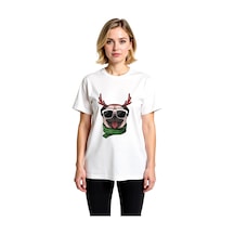 Paybuy Kadın Grafik Baskılı Gözlüklü Pug Boynuzlu Ren Geyiği Atkılı Raha Beyaz
