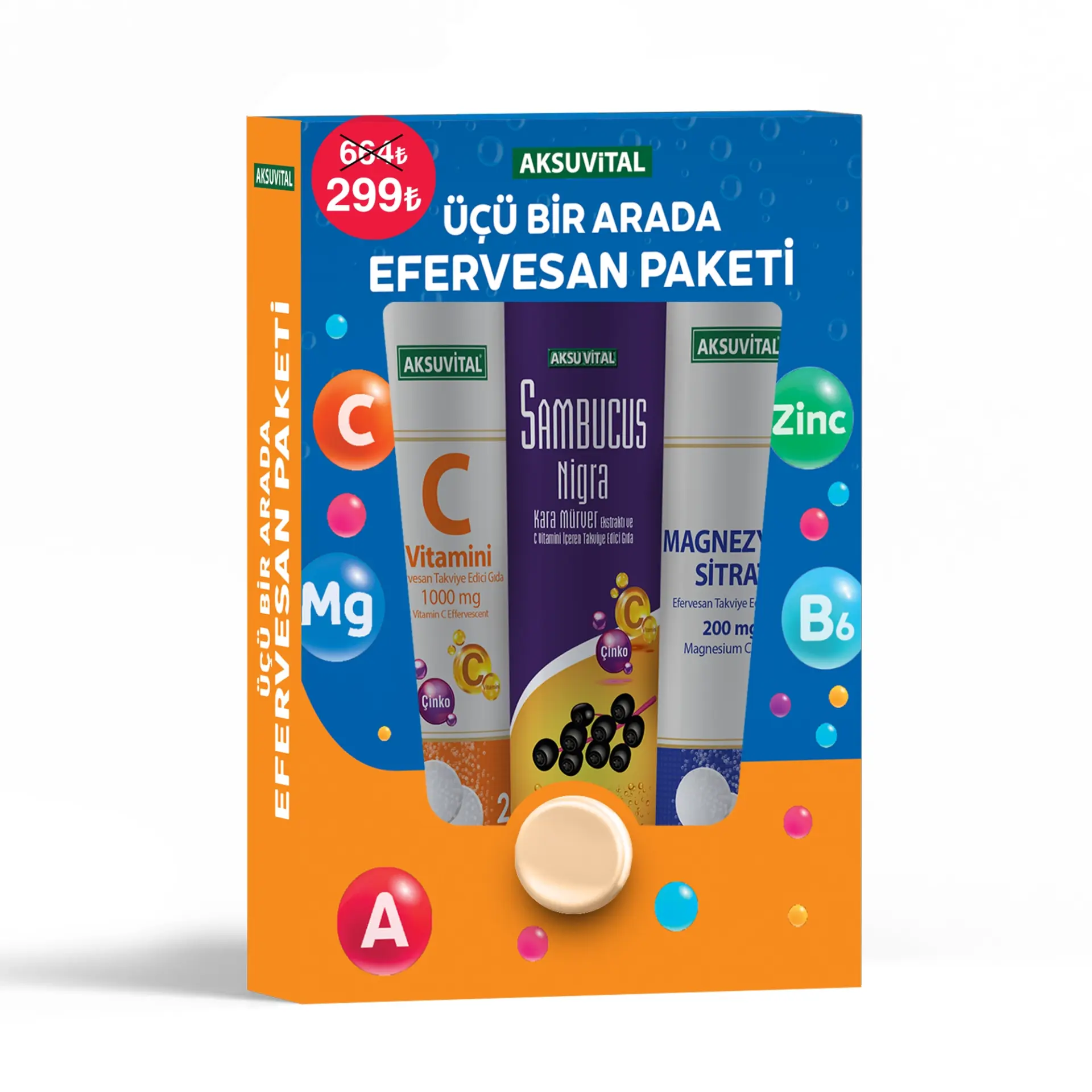 Üçü Bir Arada Efervesan Seti C Vitamini + Sambucus + Magnezyum