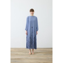 Sümbül Desen Pliseli Şifon Elbise Terzi Dükkani Mavi