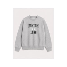 Herkesemoda Boston Baskı Detaylı Bisiklet Yaka Şardonlu 2 İplik Sweatshirt Gri