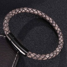 Novahub Erkekler İçin Vintage Hakiki Deri Bileklik Charm Tasarımı Paslanmaz Çelik Toka Örgü İp Zincir Bilezikler Takı Bileklik Siyah Siyah