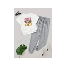 Medinenur Pray Yazı Baskılı T-shirt Eşofman Altı Jogger Rahat Kalıp Siyah Eşofman Takım Beyaz