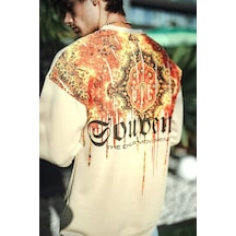 Oversize Bisiklet Yaka Baskılı Sweatshirt - Beyaz renkli Çok Renkli