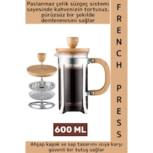 Premium Isıya Dayanıklı Kahve Demleme Bitki Çayı Ahşap Kapak Sap Detaylı Cam French Press 600 Ml Çok Renkli