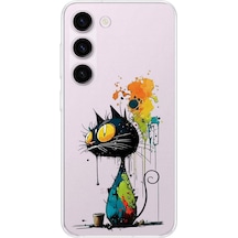 Samsung Galaxy S23 Plus İle Uyumlu Splash Kedi Tasarımlı Şeffaf Silikon Kılıf Şeffaf