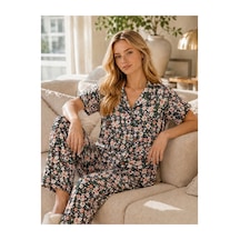 Rindahomewear Kadın Milan Düğmeli Çiçek Desenli Pijama Takımı Lacivert