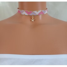 Kum Boncuk Yıldızlı Dokuma Choker Altın - Siyah