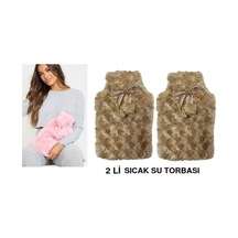 Sıcak Su Torbası 2 Adet,ponponlu Termofor Peluş Bej 28x17cm 750ml Bej