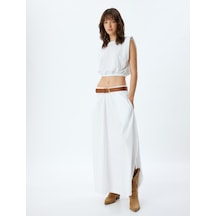 Koton Crop Kolsuz Bluz Bisiklet Yaka Beli Lastikli Viskon Kumaş Beyaz 4sak70097ek Beyaz