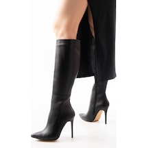 Ls-226 Siyah Fermuarlı Lastikli İnce Yüksek Topuklu Kadın Çizme Beyaz