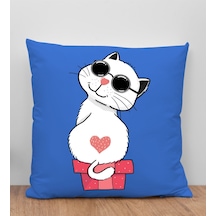 Bk Gift Kedi Tasarımlı Mavi Kırlent Yastık, Arkadaşa Hediye, Ev Dekorasyonu, Ev Hediyesi-6