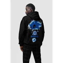 Sevbano Sonic Baskılı Unisex Oversize Çizgi Film Hoodie Siyah