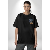 Gitar Astronot Müzik Uzay Siyah Oversize Unisex Ön Sol Yan Minimal Baskılı Tişört Koyu Siyah
