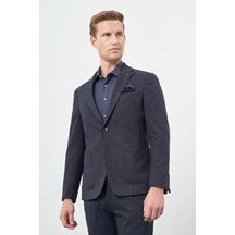 İmza Koyu Lacivert Kendinden Desenli Örme Mono Yaka Astarsız Çift Yırtmaç 2 Düğme 6 Drop Slim Fit Casual Ceket 1002245151 Koyu Lacivert
