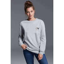 Cat Playing Baskılı Gri Kadın Sweatshirt