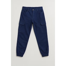 Kadın Kargo Cep Beli Lastikli Slim Fit Lacivert Jean Pantolon Lacivert