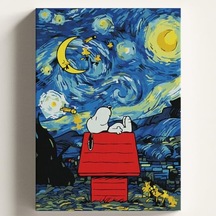 Sayılarla Boyama Tuval Hobi Seti, Yıldızlı Gece Snoopy Temalı Fırça Ve Boya Dahil Set Çıtalı 40x50 Cm, Kendin Yap Sayılarla Tuval Boya Kiti Kasnaklı