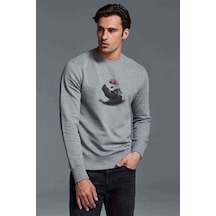 Panda Baskılı Gri Erkek Örme Sweatshirt (530945094)