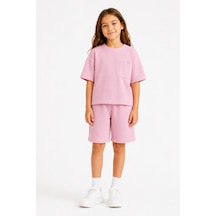 Monox Unisex 5-12 Yaş Petek Dokulu Oversize Yazlık Şort Tişört Takım Pembe