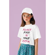 Sevbano Unisex Black Pink In Your Area Yazılı Müzik Grubu Çocuk Tişört 1 beyaz