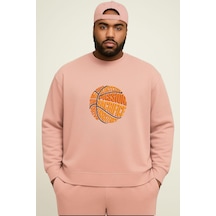 Benroma 3 İplik Penye Basketbol Topu Baskılı Büyük Beden Unisex Sweatshırt Pembe