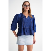 Mixray 4704 Kadın Fırfırlı Balon Kol Kısa Denim Bluz Lacivert