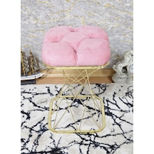 Zafir Kare Gold Kaplama Pembe Puf Oturak - Bench - Ayak Ucu Oturak - Tabure - Makyaj Oturak Pembe