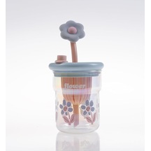 Çiçek Desenli Cam İçecek Bardağı, Çiçek Temalı Pipetli Bardak, Kapaklı,eglenceli Ve Dekoratif Tasarım, Mor,pembe,mavi,ve Yeşil Renk Seçenekleri Mavi Çok Renkli