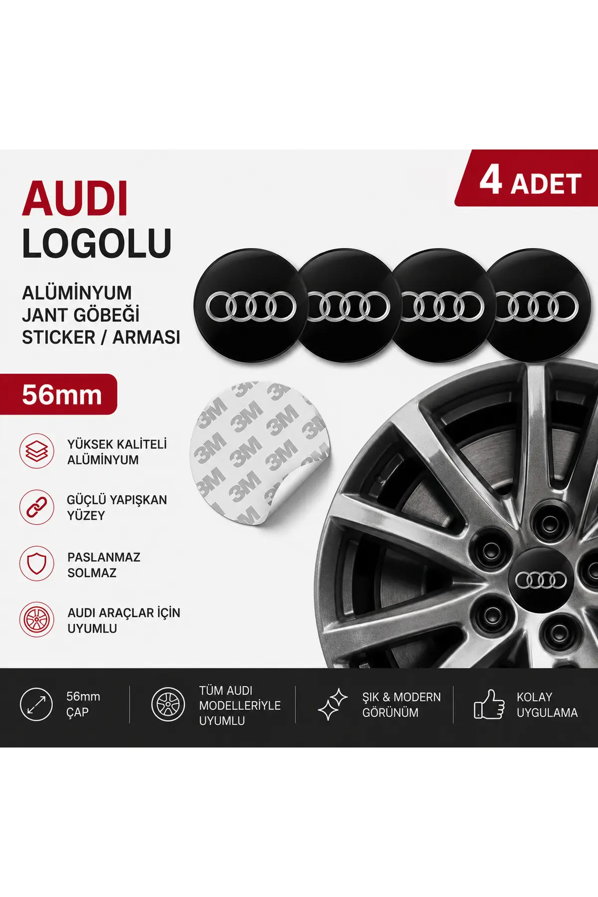 Audi Logolu Alüminyum Jant Göbeği Arması Sticker 56mm - 4 Adet