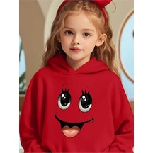 Kışlık Kapüşonlu Sweatshirt, Çocuk Sevimli Gülücük Desen Kırmızı Kışlık Kapüşonlu Sweatshirt, Çocuk Sevimli Gülücük Desen Kırmızı