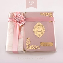 Seccade + Tesbih + Kuran Hediye Seti Orta Boy, Kadife, Pudra Pembe, Lafzatullah