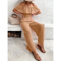 Kadın Aerobin Kumaş Fırfır Detaylı Madonna Yaka Takım Krem